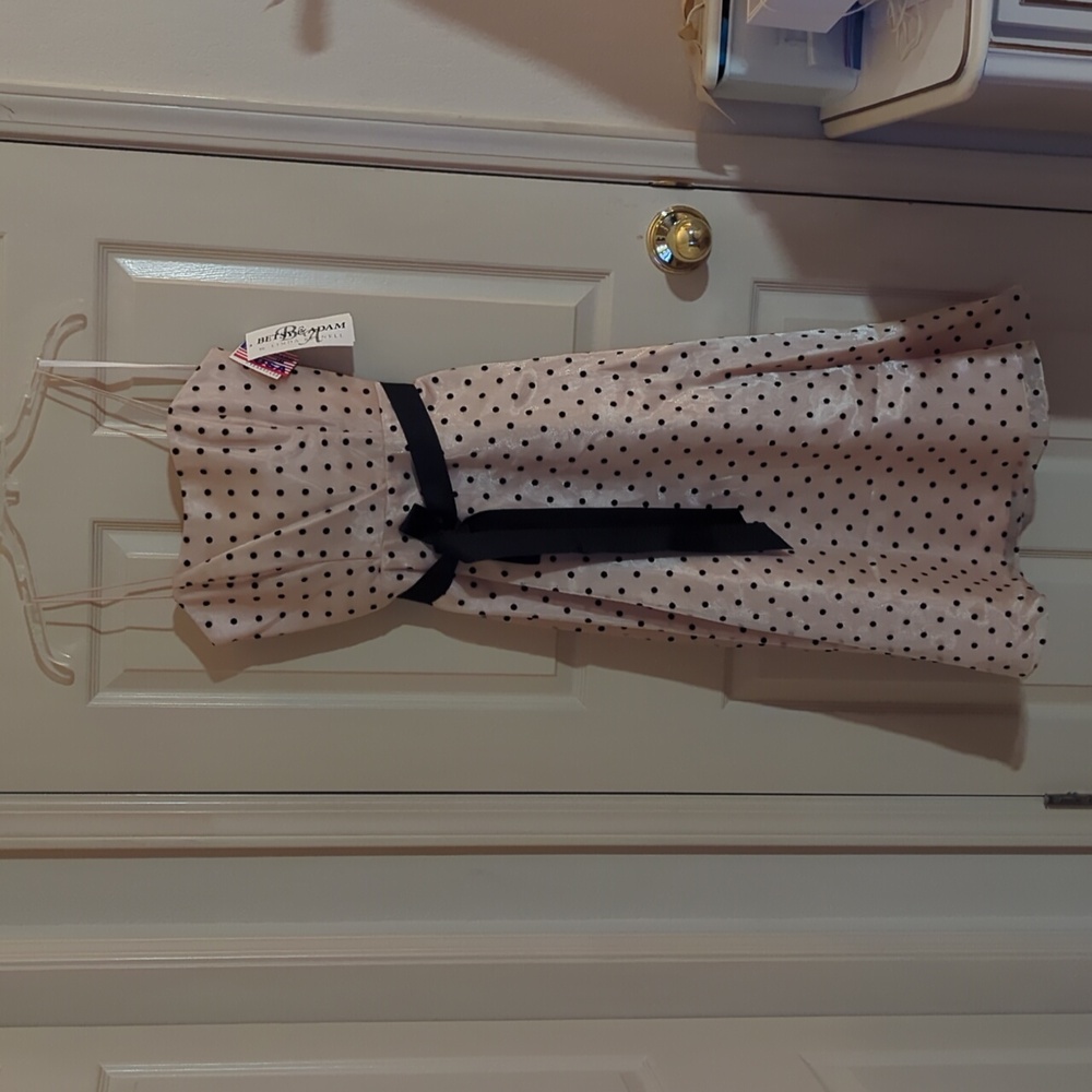 Betsy & Adam Beige Polka Dot Midi Dress with Black Sash
